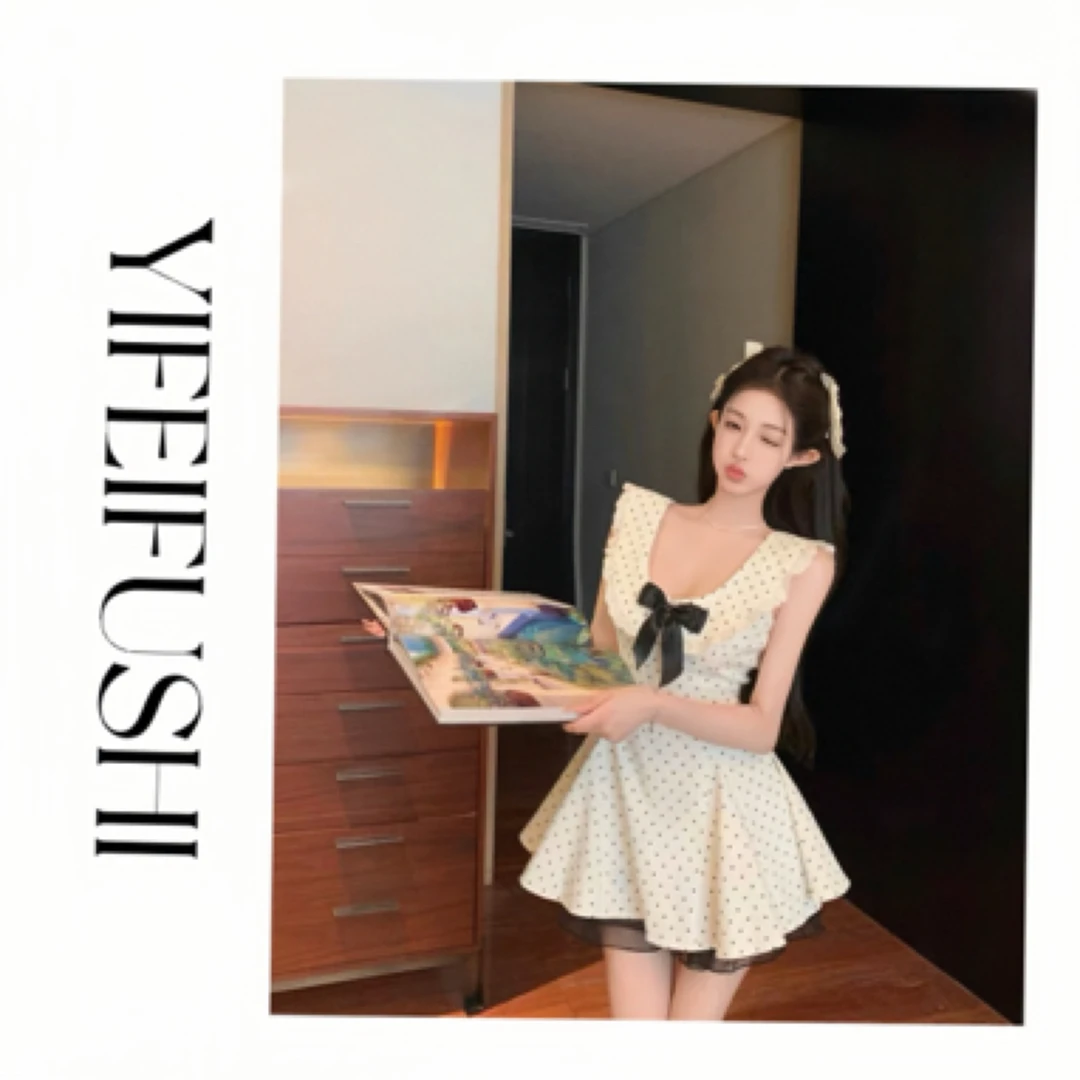 收腰显瘦日系波点蝴蝶结甜美风夏季短款连衣裙