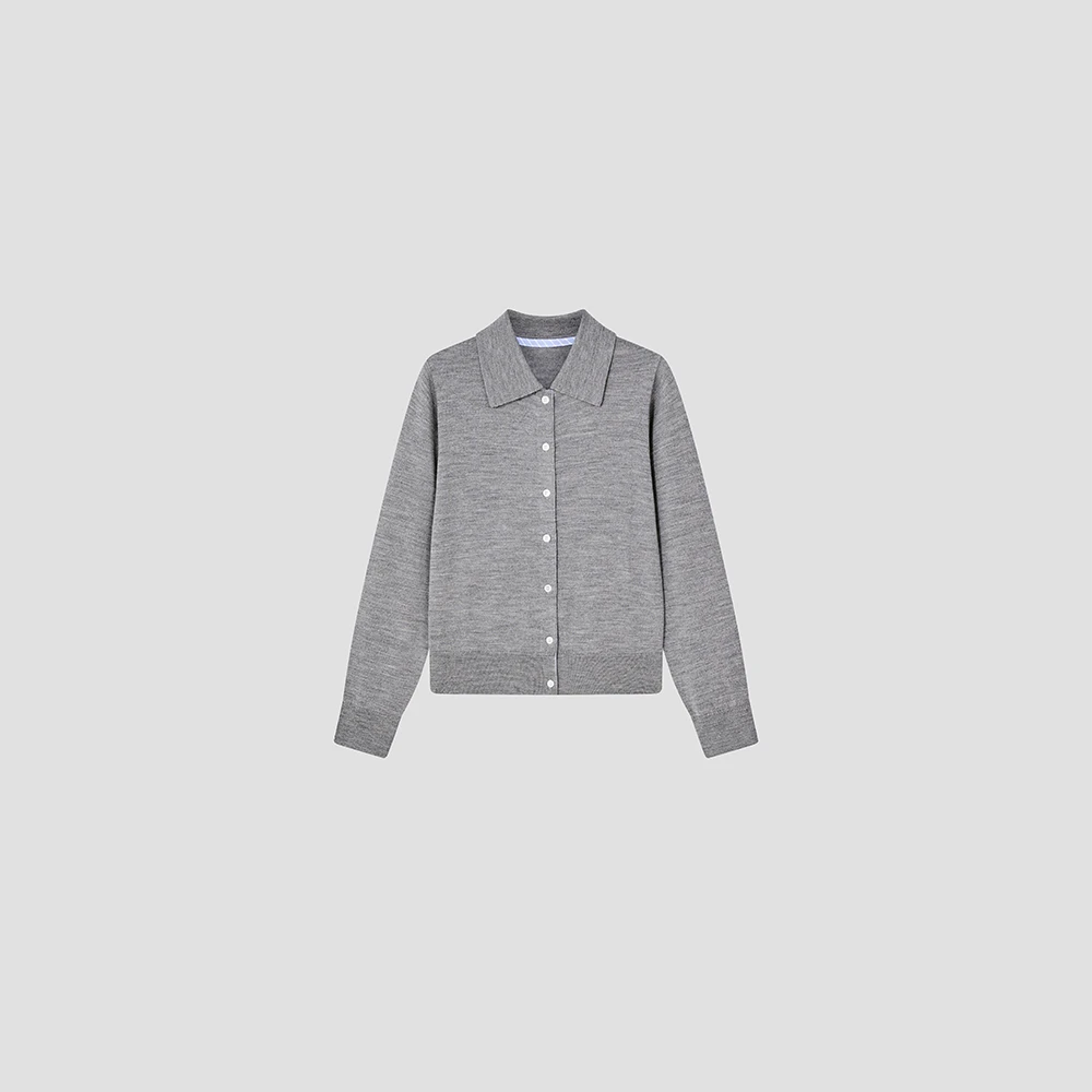 【小禾】“世世漂亮”缪系polo领条纹拼接长袖精纺羊毛开衫25LB067