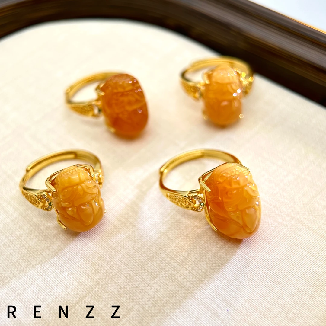 140 925银戒托/天然蜜蜡貔貅戒指（多样性发一件）