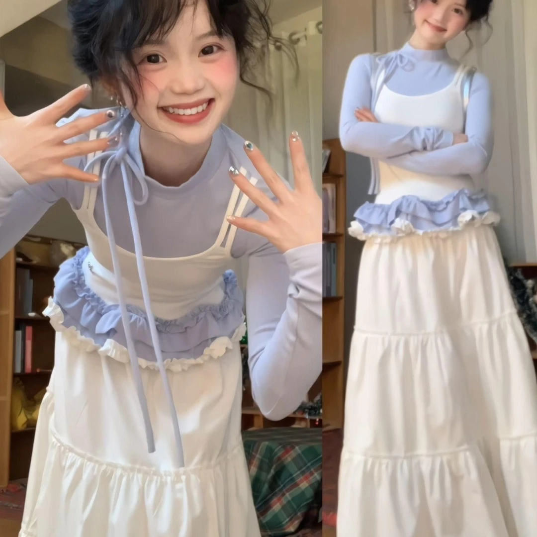 汇兴达【随心裁】假两件长袖t恤女抽褶花边吊带内搭打底衫上衣