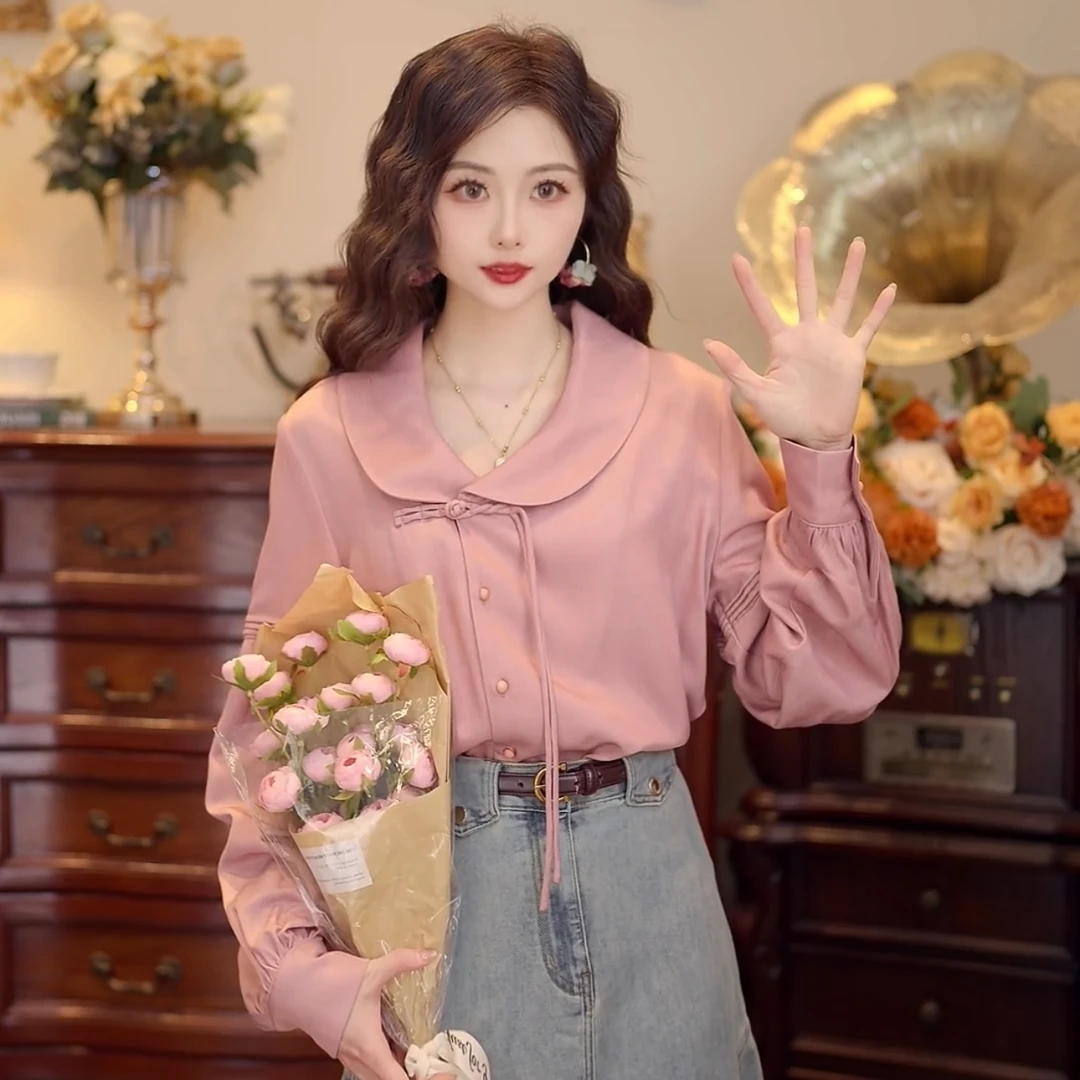 鹿晚不晚【桃粉佳人】港风复古气质设计感衬衣女LW2023144