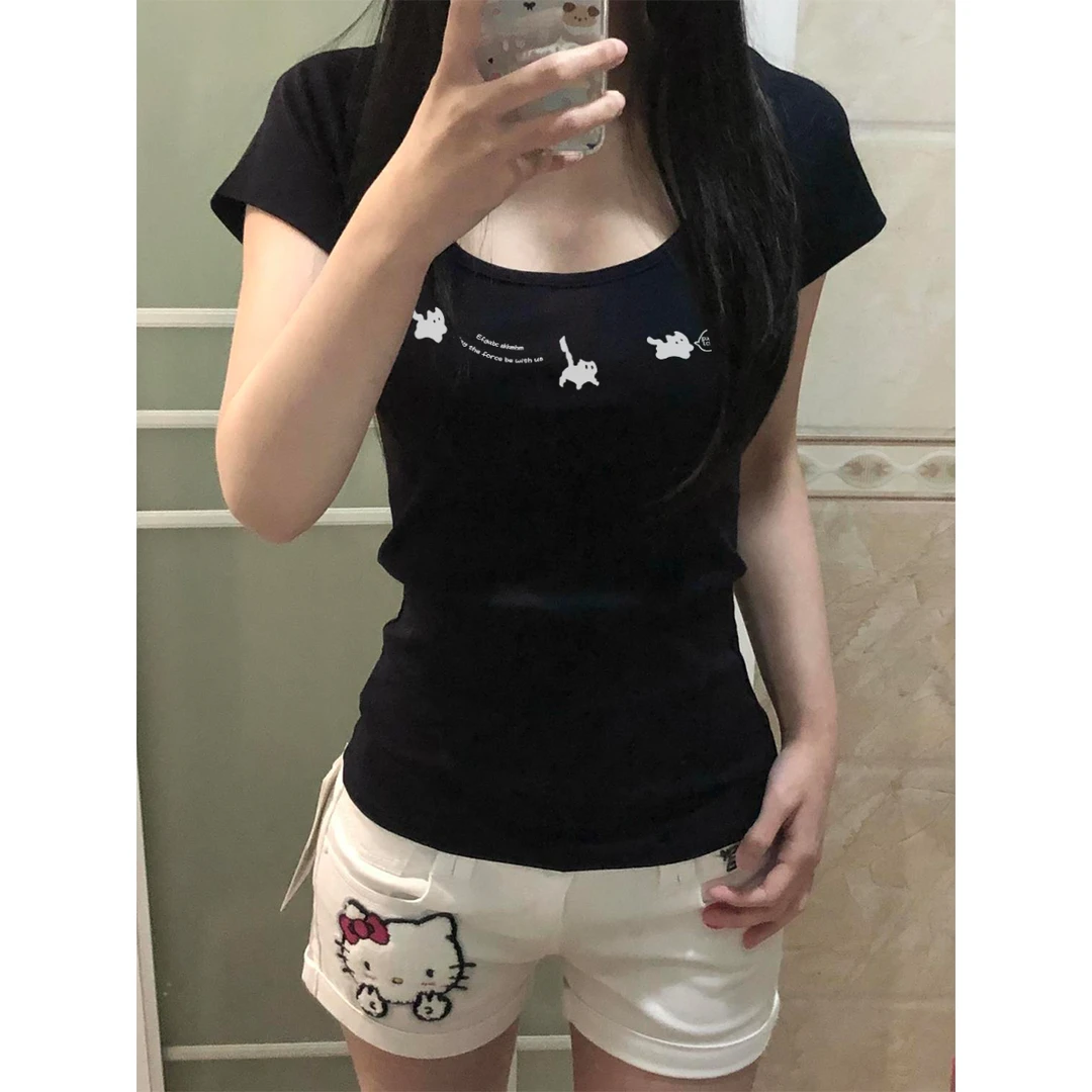 100%纯棉美式修身可爱小猫休闲正肩短袖T恤女夏季黑色简约上衣服