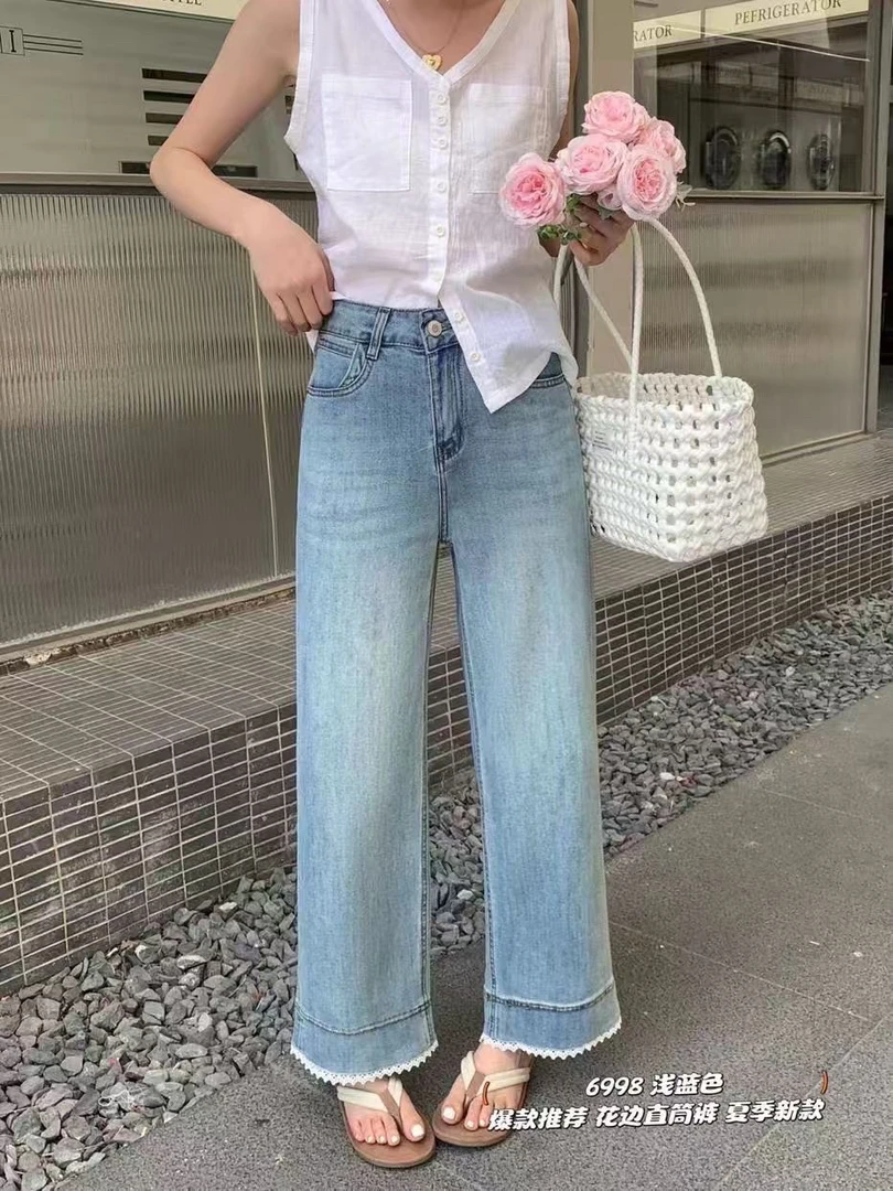 薇莎6998【现货】微弹蕾丝裤脚直筒牛仔裤