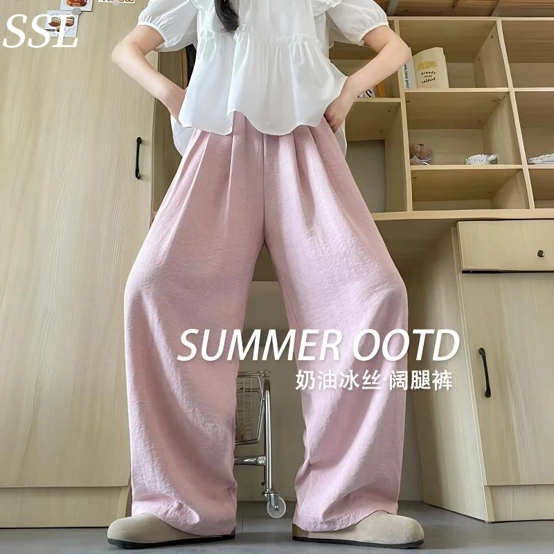 夏季粉色窄版阔腿裤女款夏天裤子女薄款高腰宽松显瘦休闲肌理裤女