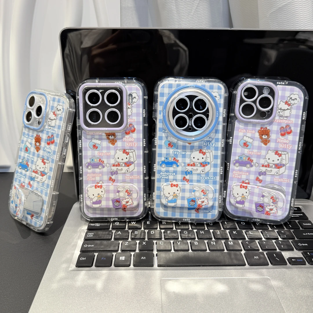 格纹可爱猫支架适用苹果/华为/荣耀/OPPO/VIVO/小米手机壳防摔