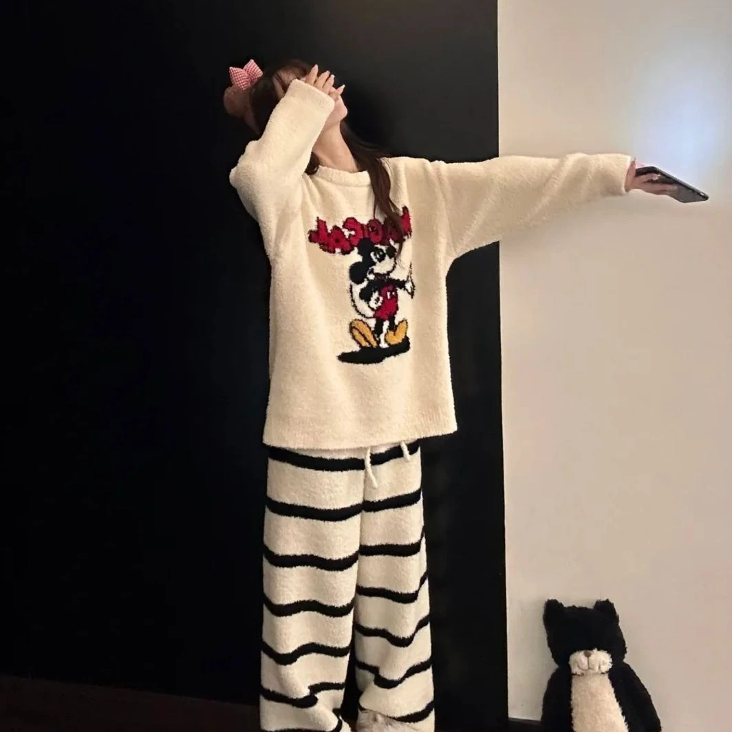 可爱米奇卡通条纹半边绒睡衣女款秋冬季少女感休闲保暖家居服套装