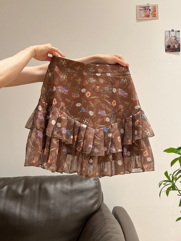 夏季2025年新款美式辣妹百褶碎花短裙女a字高腰设计感纯欲半身裙