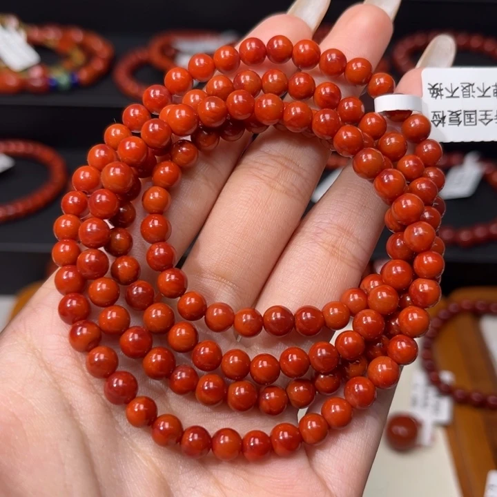 南红玛瑙未镶嵌手链满肉柿子红玫红双色5.5+mm圆珠多圈