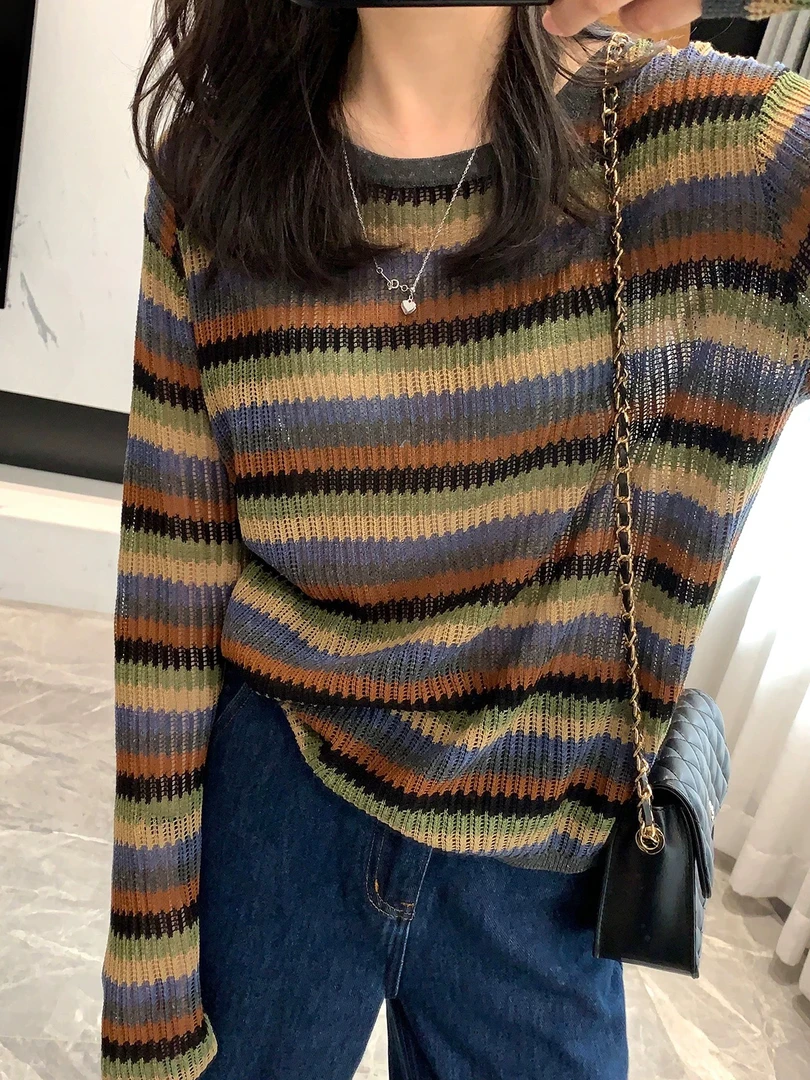 当季新款含天丝加麻彩色条纹薄款针织春夏空调衣