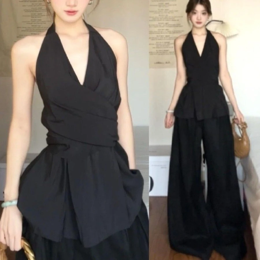 法式黑色v领挂脖无袖衬衫女夏季高级感气质收腰系带露背上衣套装