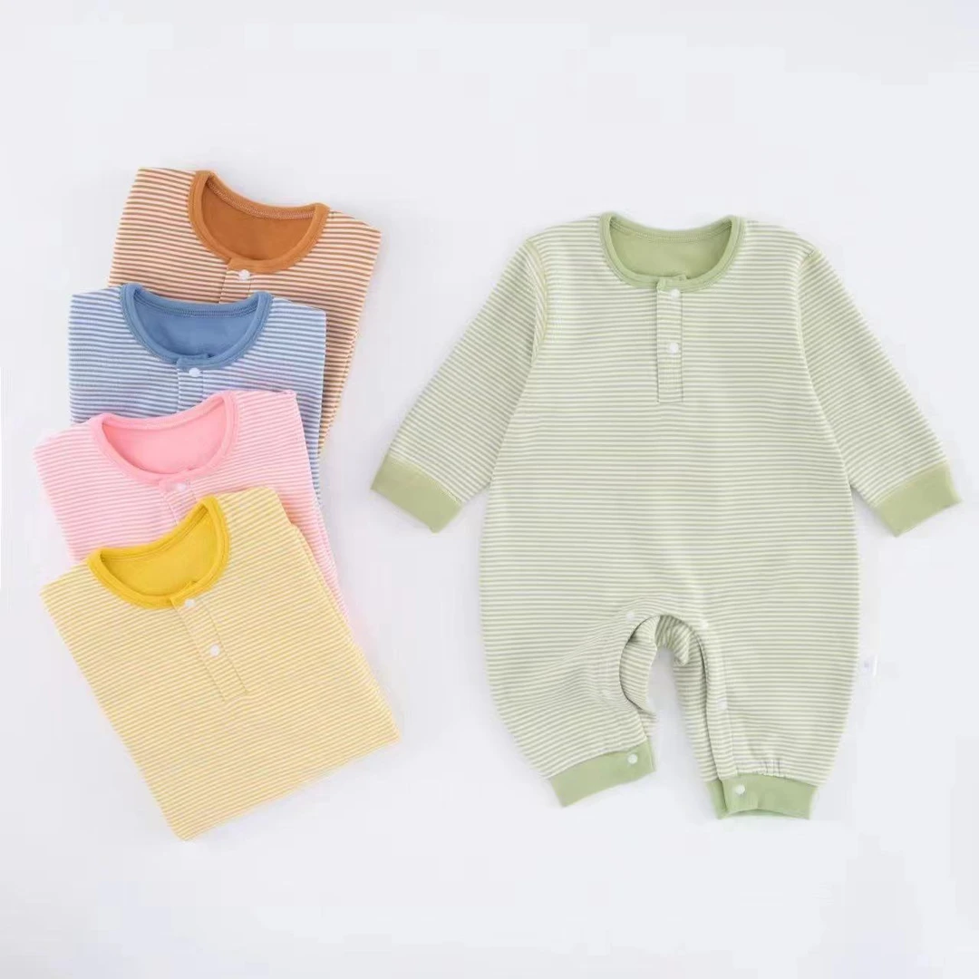 【小小添衣】婴幼儿春秋长袖哈衣爬服条纹质感德绒连体