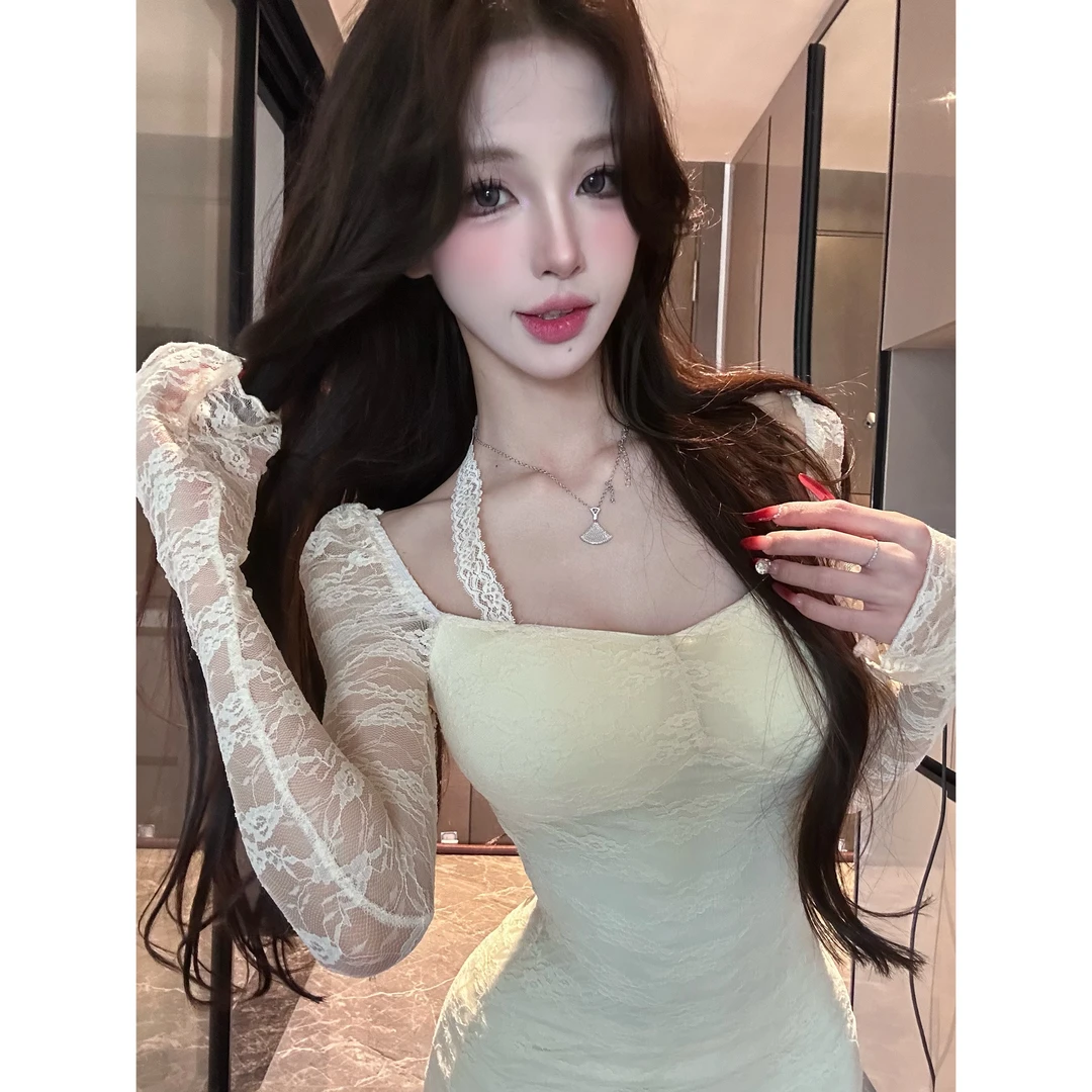 【彤彤推荐】纯欲方领长袖连衣裙女秋冬季修身蕾丝收腰包臀裙68536