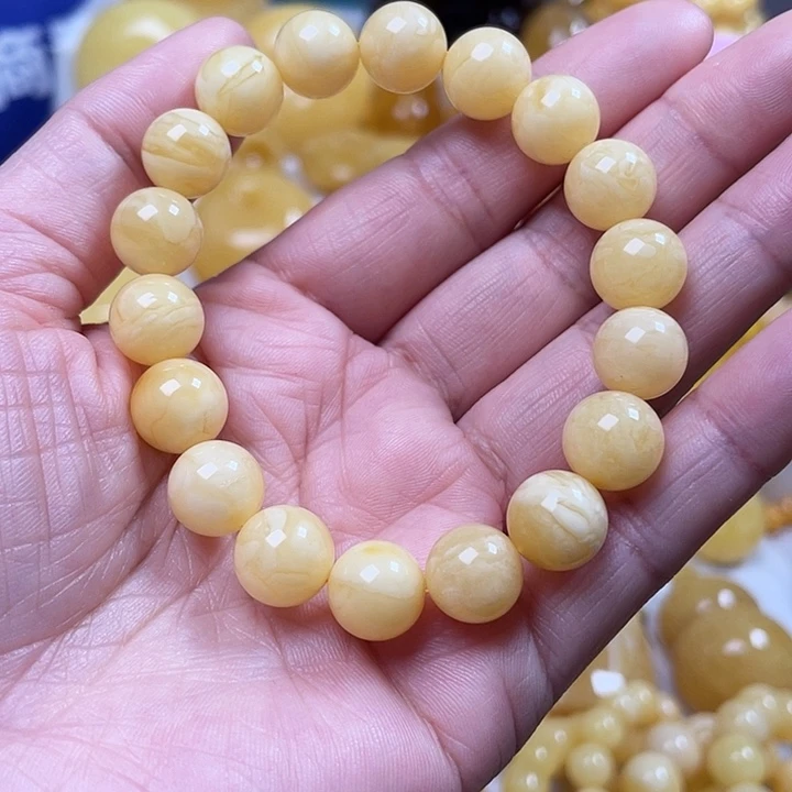 蜜蜡裸石未镶嵌奶糖白花圆珠手串