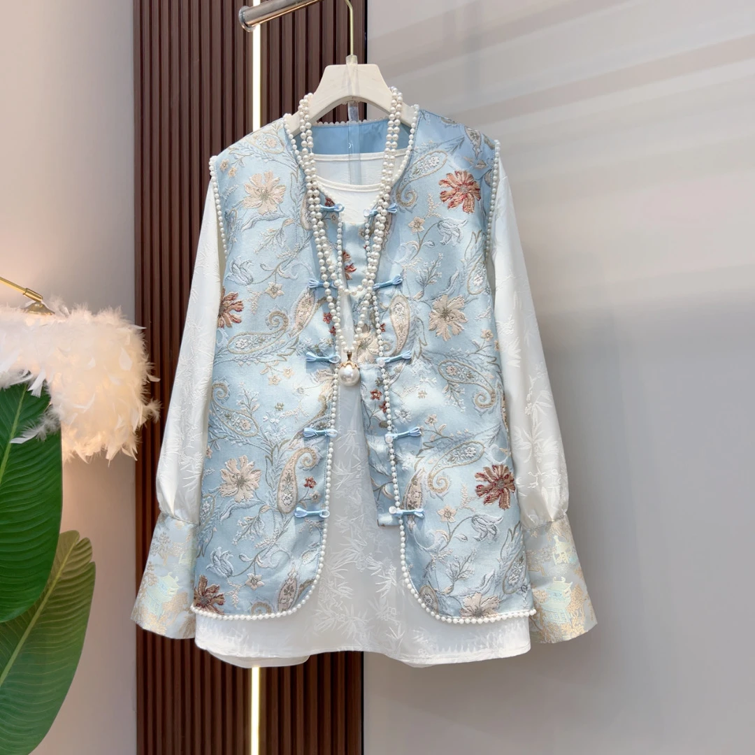 时尚洋气新中式国风拜年款2025年新款大码女装马甲打底两件套套装