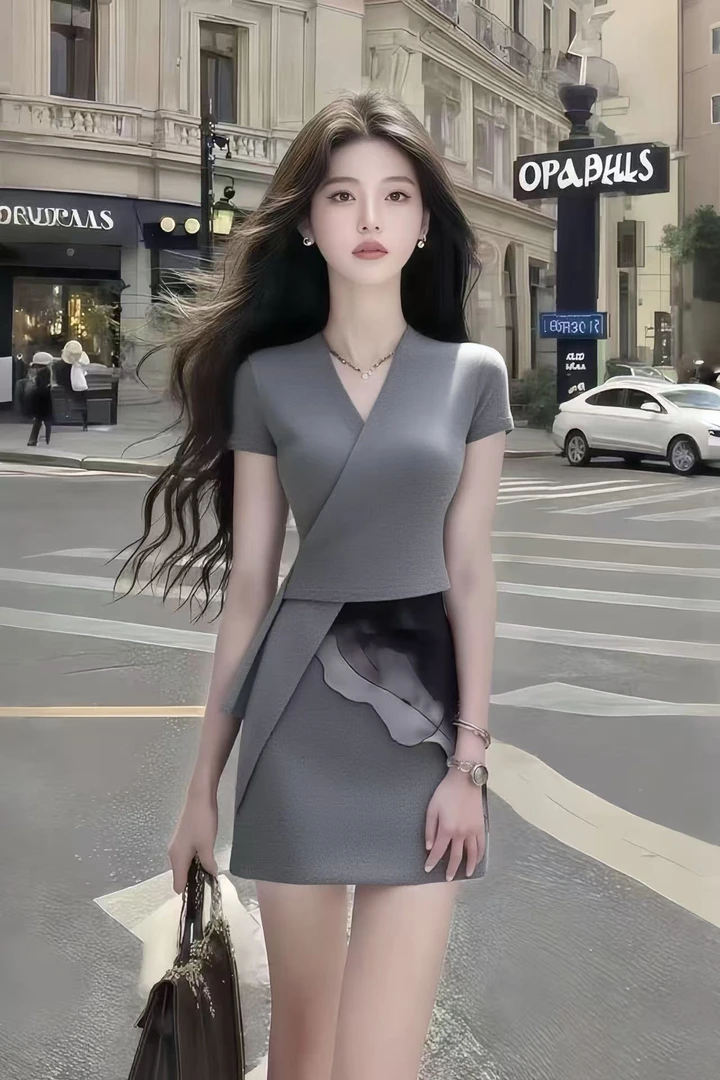 轻奢修身短款灰色时尚套装气质高腰修身显瘦两件套高级小众风v领