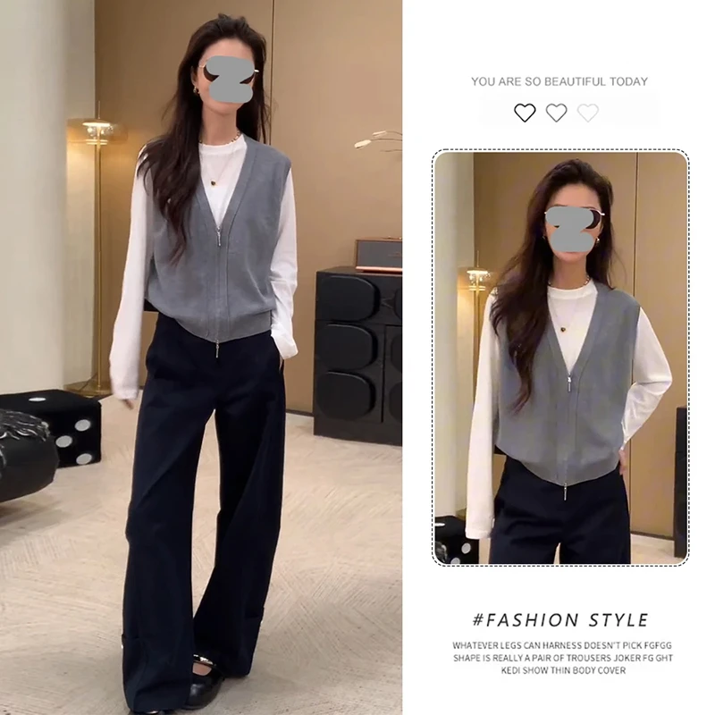 2025秋季高级感超好看独特别致绝美软糯慵懒风灰色真两件针织衫女