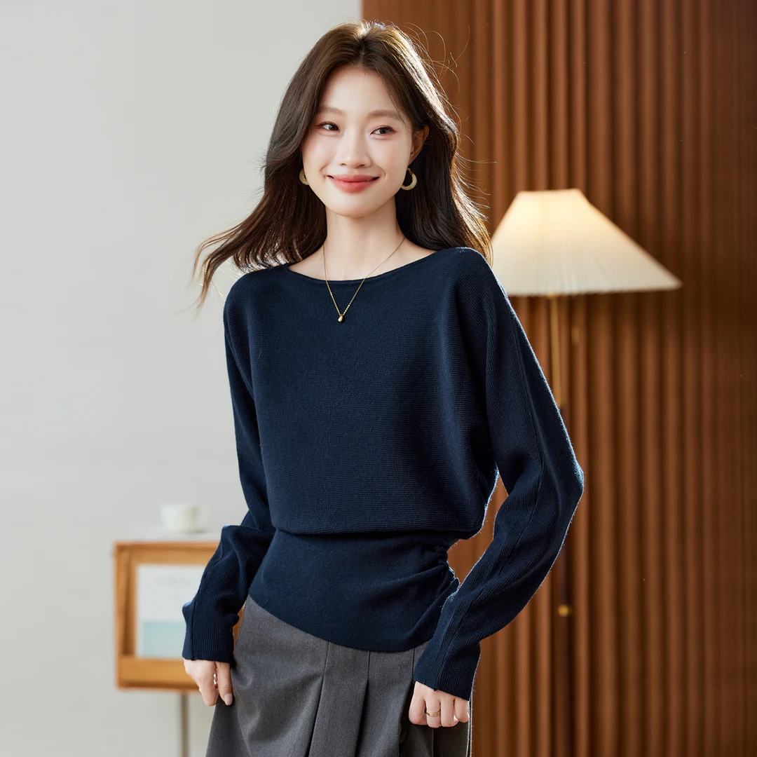 2025秋冬新款一字领针织衫女套头毛衣蝙蝠袖宽松外穿线衣女打底衫