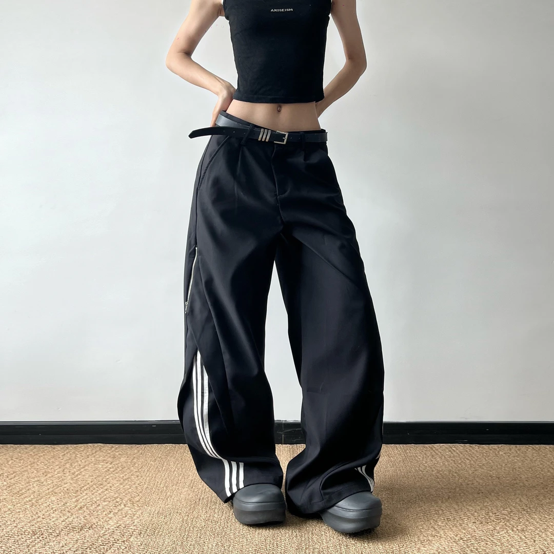 无无厘头解构拉链三条杠美式阔腿裤男女垂坠感西裤运动休闲长裤