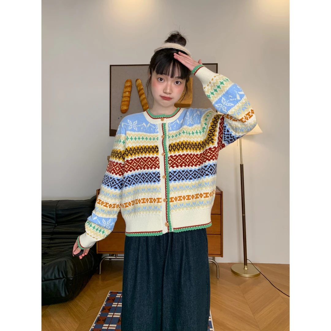 复古菱形提花针织开衫女韩版2025秋冬新款百搭显瘦叠穿毛衣+马甲