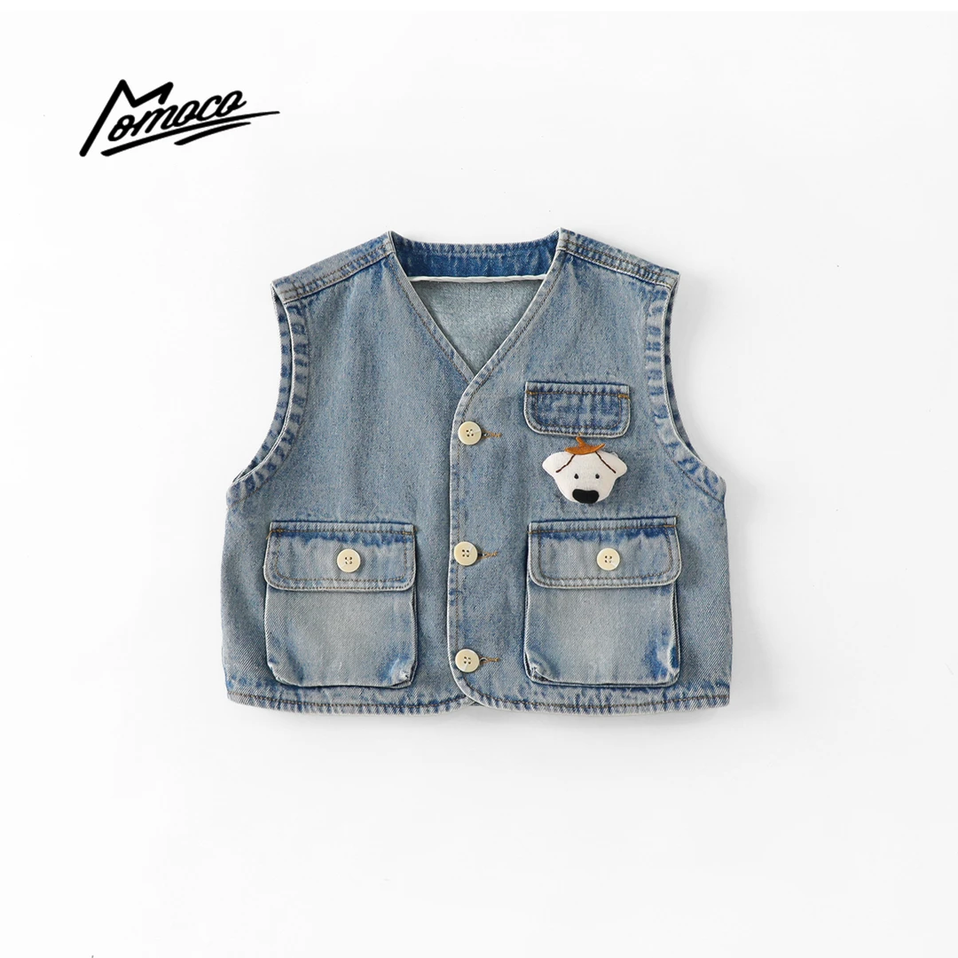 MOMOCO春夏季新款时尚小狗玩偶无领牛仔马甲背心外套77530108008