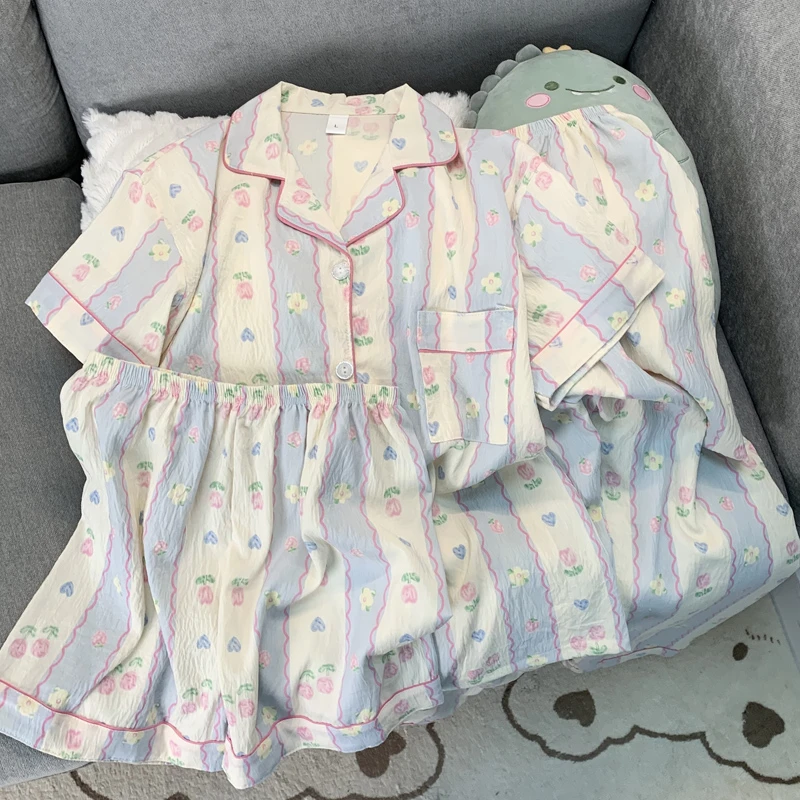 【三件套郁金香】夏季新款睡衣女云朵棉短袖短裤长裤家居服套装外穿