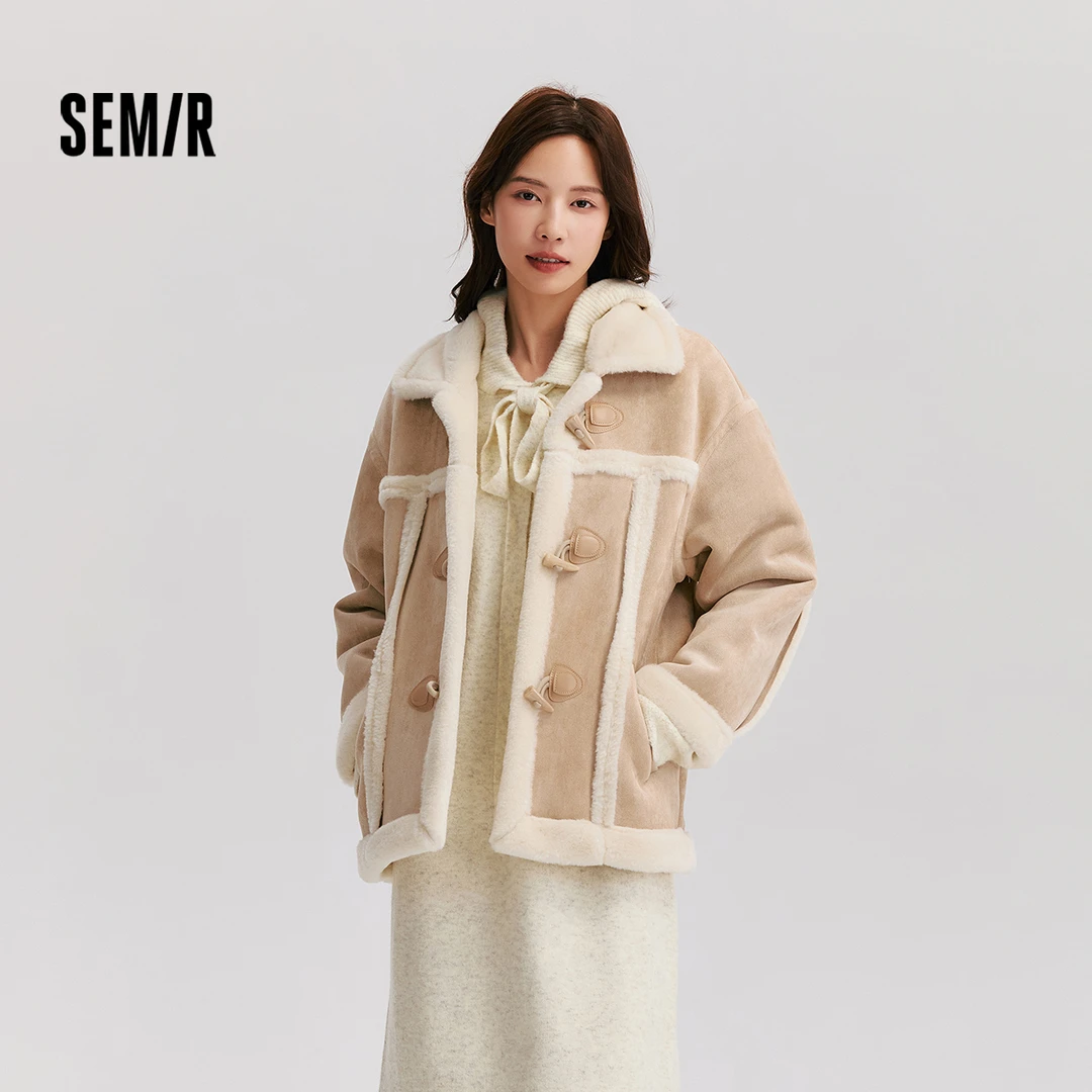 森马外套女牛角扣翻领宽松复古文艺冬季新款仿麂皮仿兔毛夹克