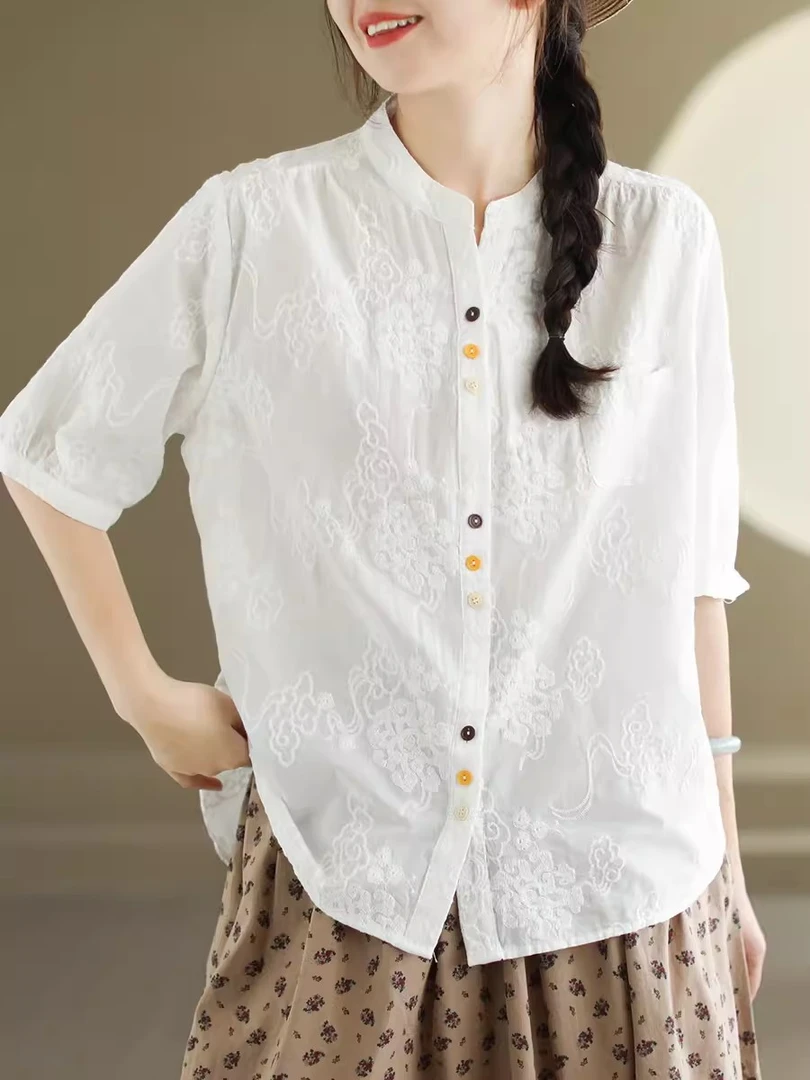 【全额运费补贴】国风祥云刺绣纯棉女士衬衫夏季新款舒适短袖