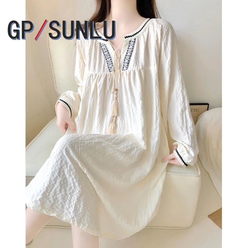 日本小众GP复古流苏云朵棉长袖睡裙睡衣女款春秋季中长款套头可外