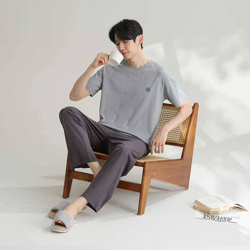 芬腾男士夏季睡衣套装夏天薄款纯棉短袖长款可外穿休闲简约家居服