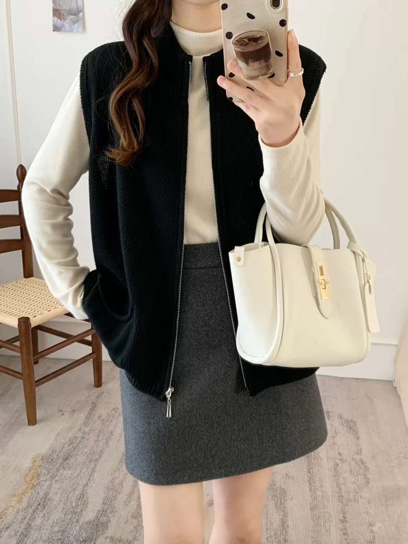 2025棉马甲拉链设计感叠穿坎肩针织开衫上衣优雅气质无袖马甲女