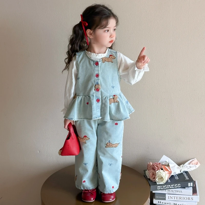 女童卡通牛仔套装2025春秋韩版新款儿童可爱牛仔裤宝宝马甲三件套