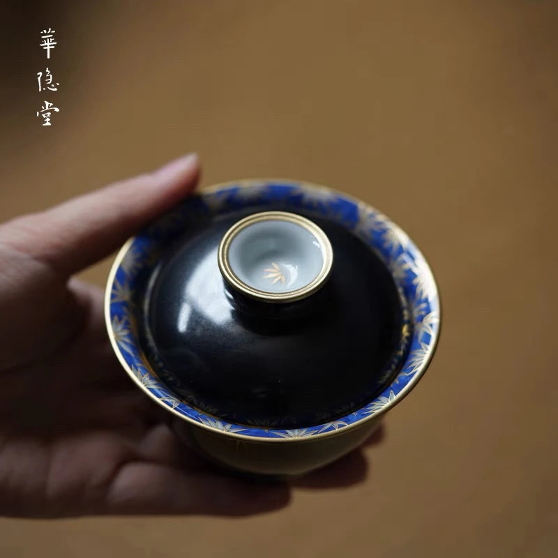 华隐堂熊猫盖碗黑色