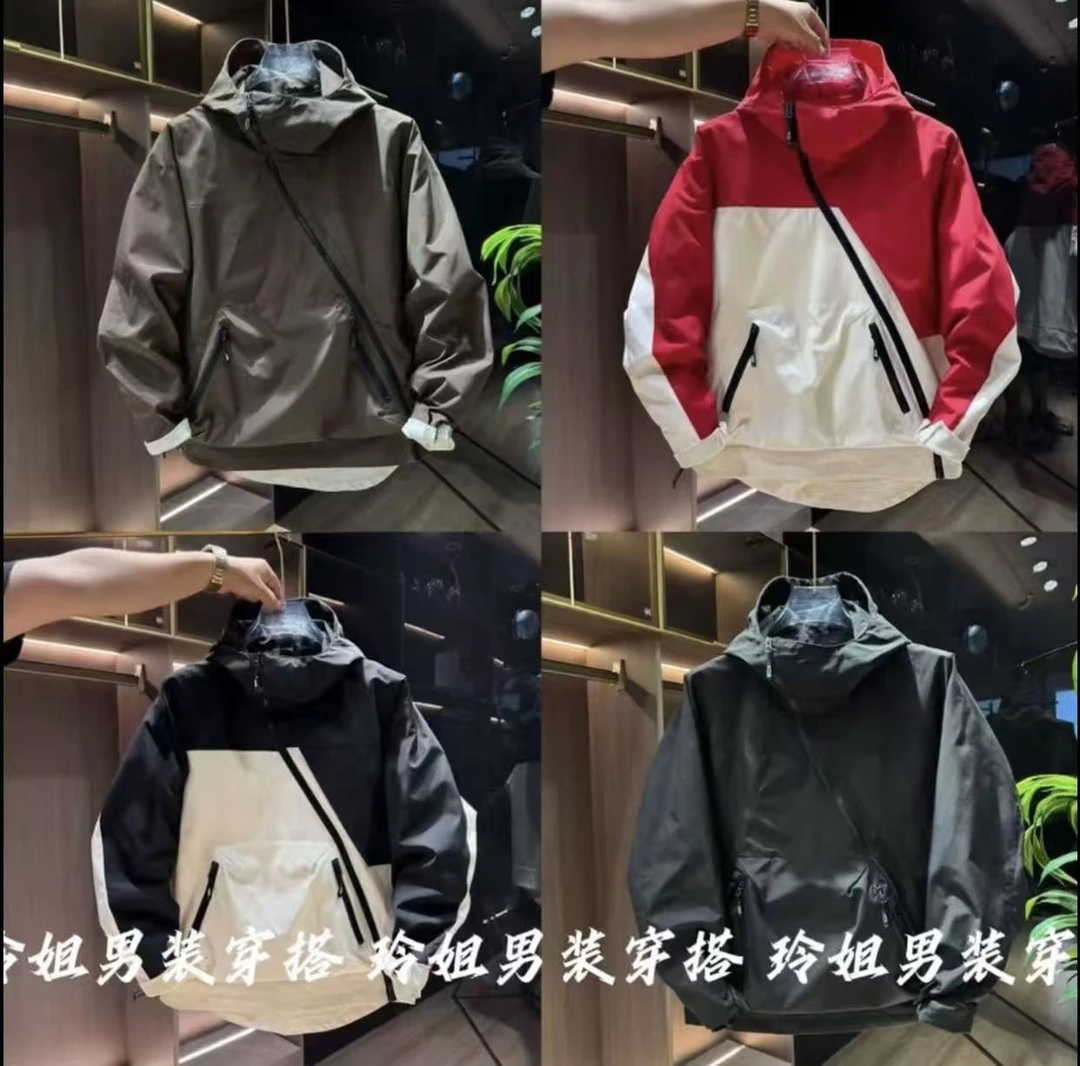 秋季新款工装斜拉链大口袋连帽外套男士百搭宽松纯色防风夹克外套