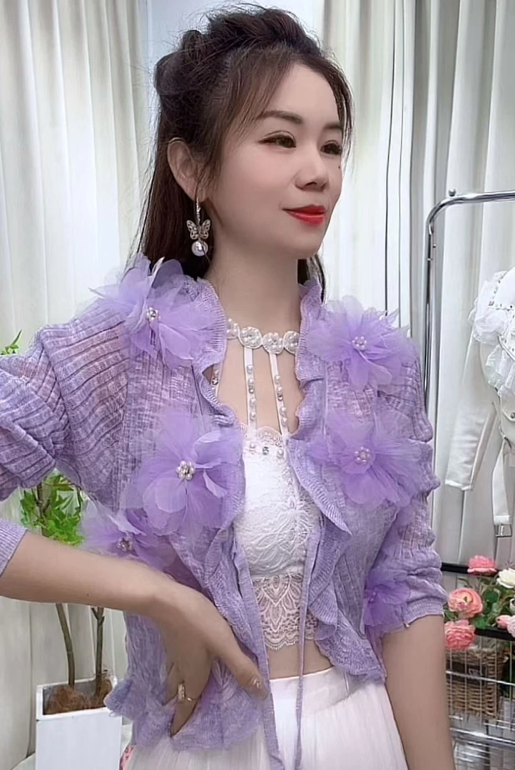 7856#蕾丝重工立体花朵开衫