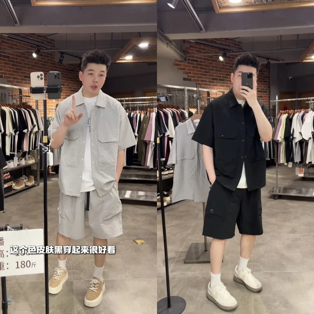 【南通大个】F8夏季新款肌理感日系复古套装大口袋衬衫短袖短裤套装