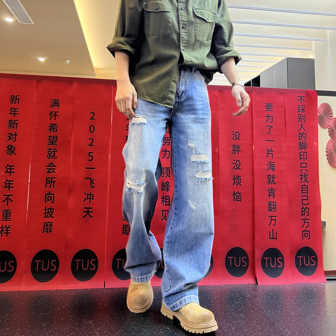 《APT》美式高街蓝色水洗做旧直筒潮牌男女休闲牛仔裤通勤长裤5011