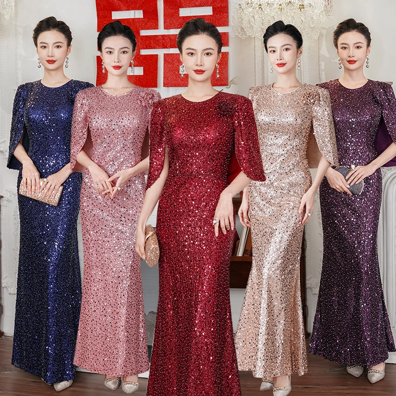 宴会晚礼服2025夏季新款高端妈妈婚宴礼服大码气质亮片鱼尾女3018