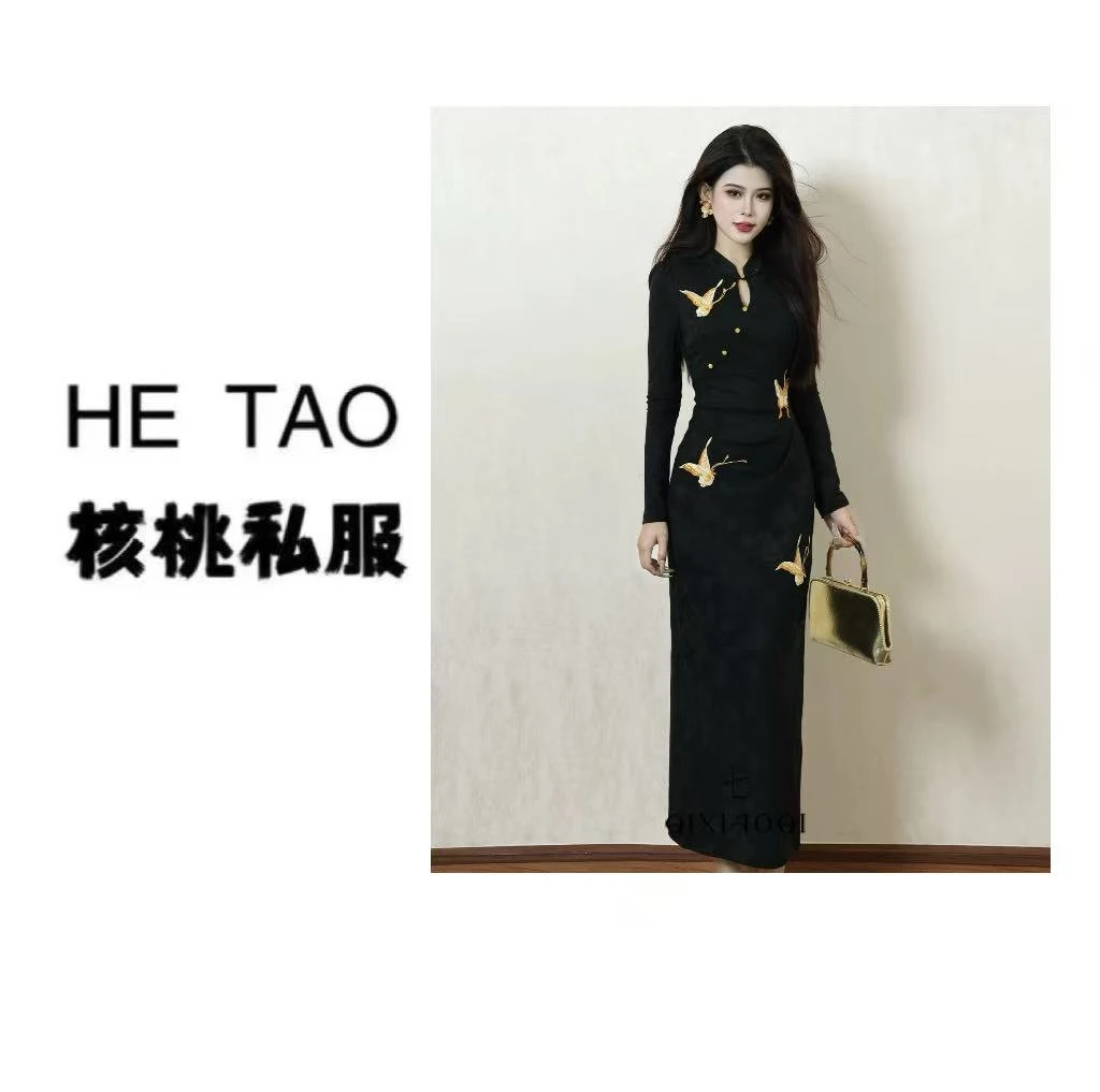 【京华梦黑色】新中式国风黑色蝴蝶刺绣设计感连衣裙