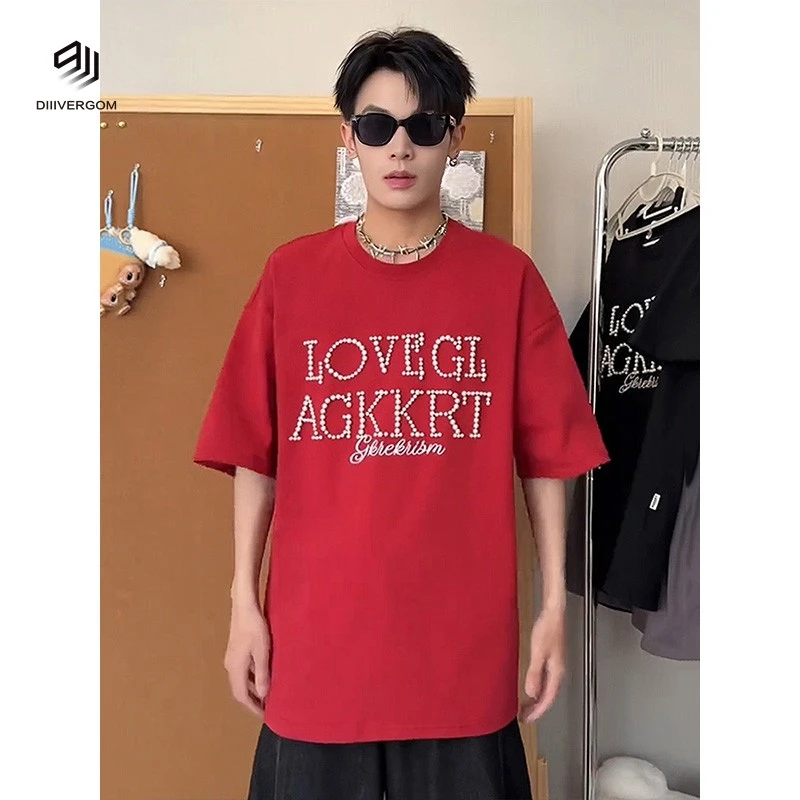 DIIIVERGOM立体珍珠字母红色短袖男款夏季新款重磅索罗轻奢男装