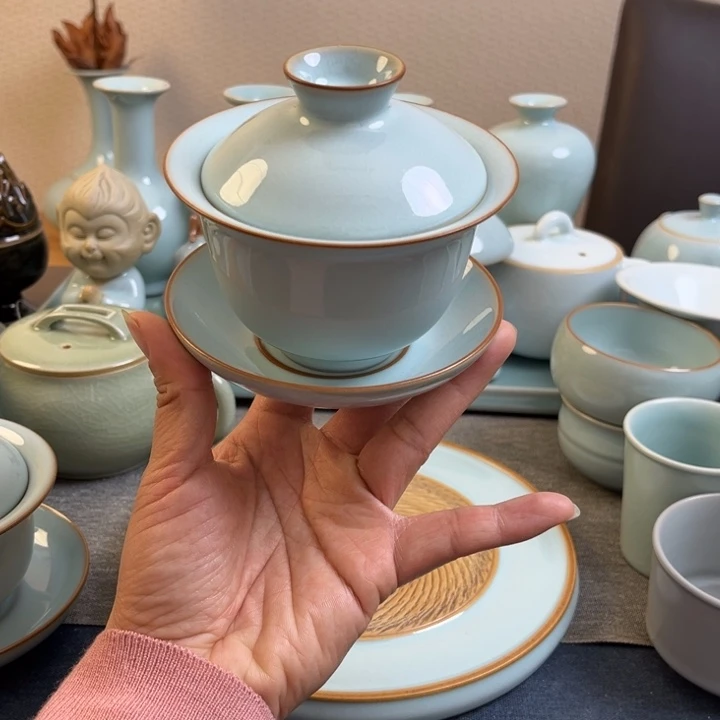 汝瓷天青元宝盖碗福利款一级品无礼盒