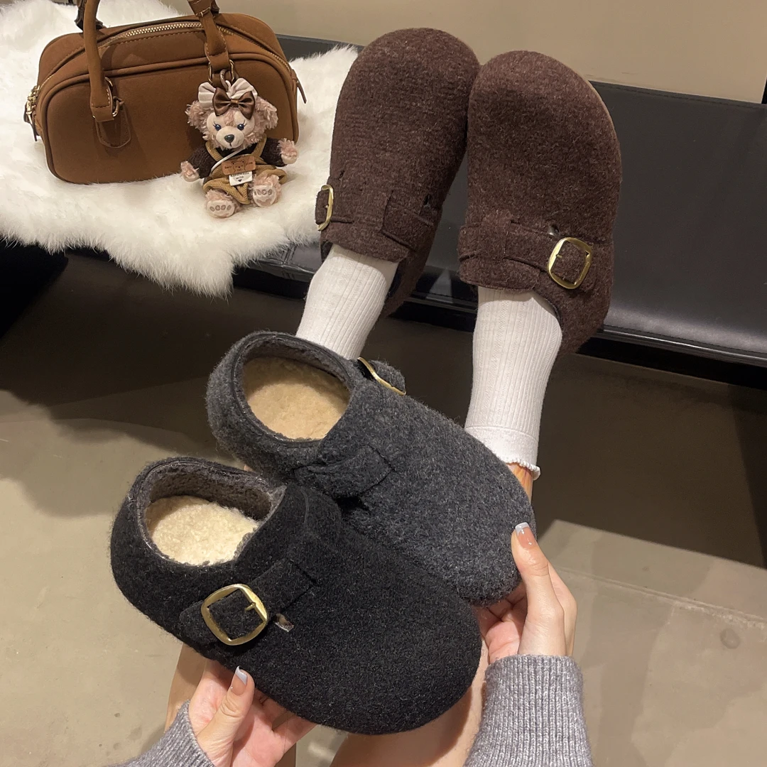 豆豆鞋冬季鞋子保暖中口圆头平底乐福鞋冬天厚底韩版百搭加绒