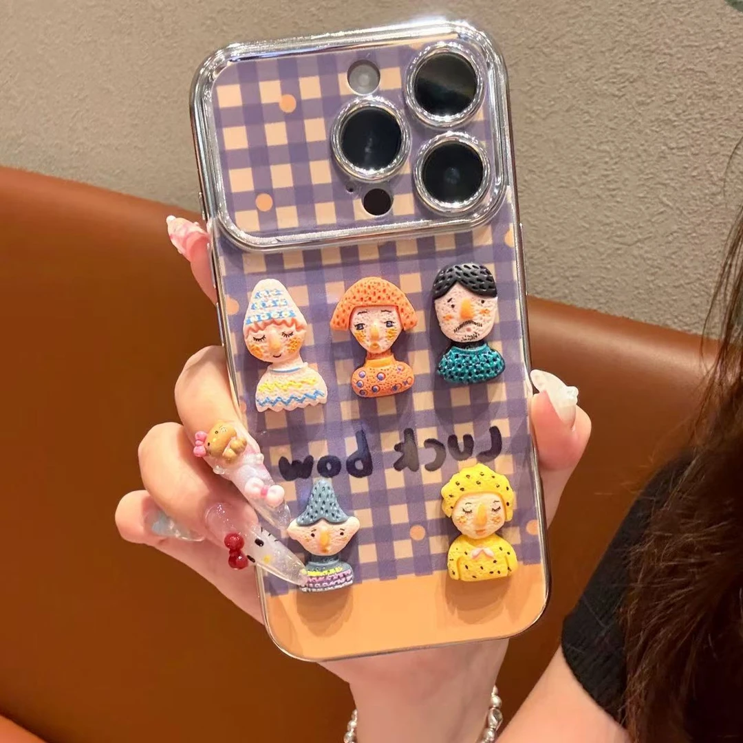 格纹视窗人偶黄色适用苹果15promax手机壳vivo华为电镀小米保护壳