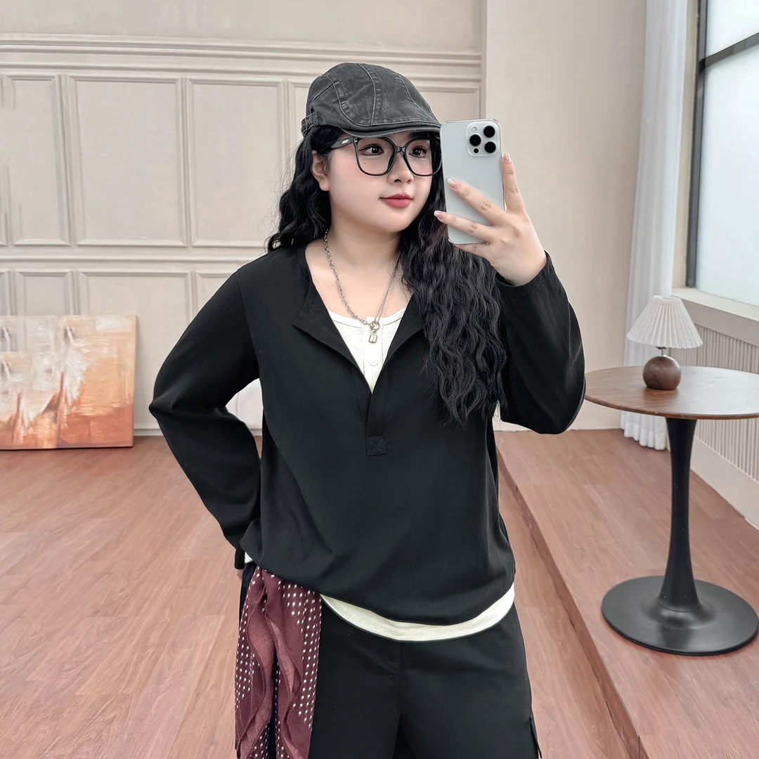 DC8281大码女装【反叛通勤】初秋新款慵懒感撞色假两件显瘦长袖上衣