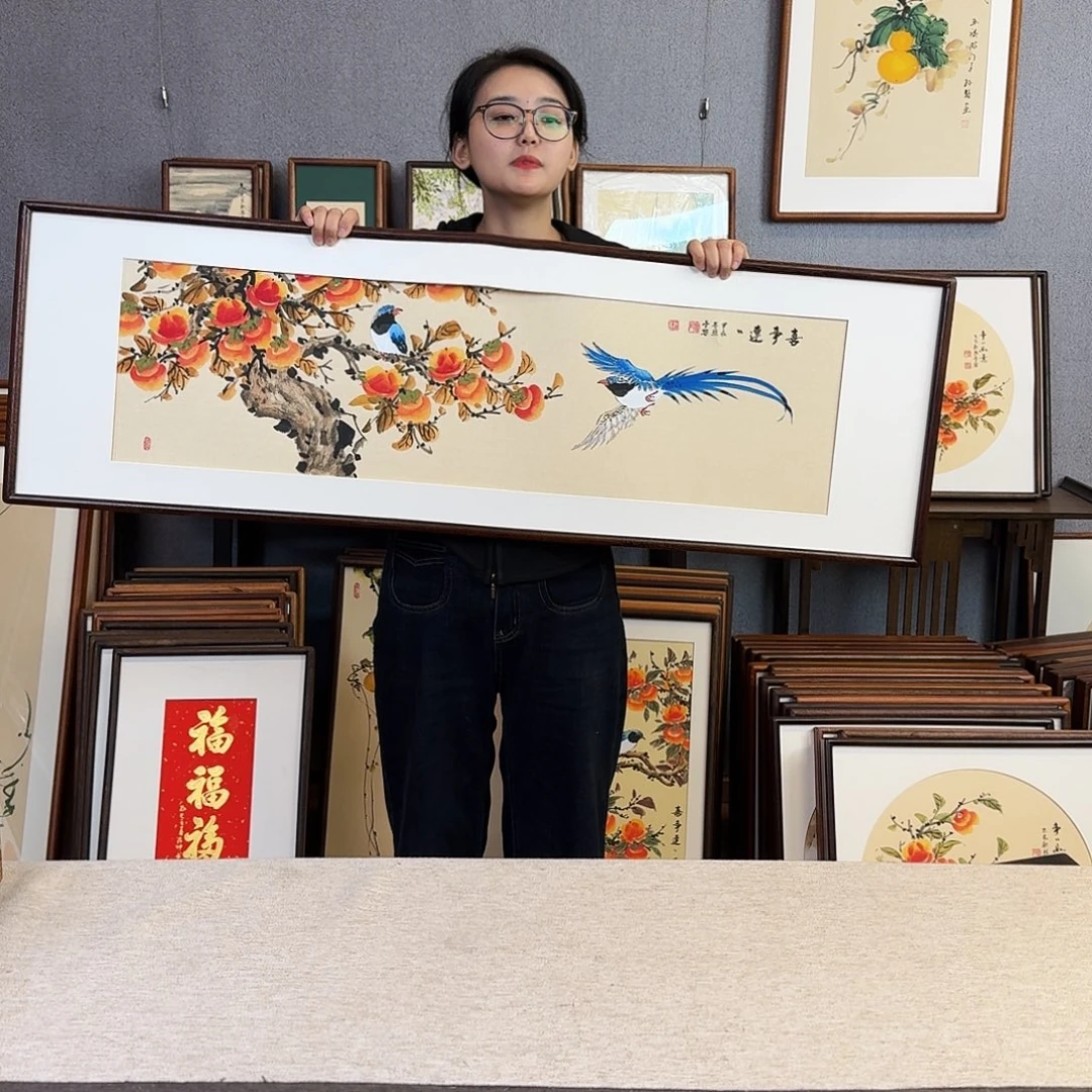 国画纯手绘，纯手写带框尺寸：40×123厘米