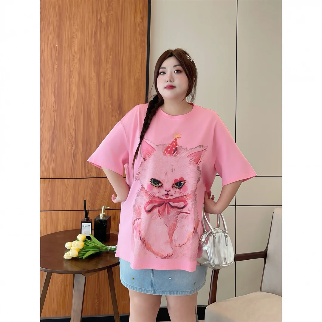 大码女装夏季简约洋气花契200斤胖mm设计感数码直喷短袖T恤15331