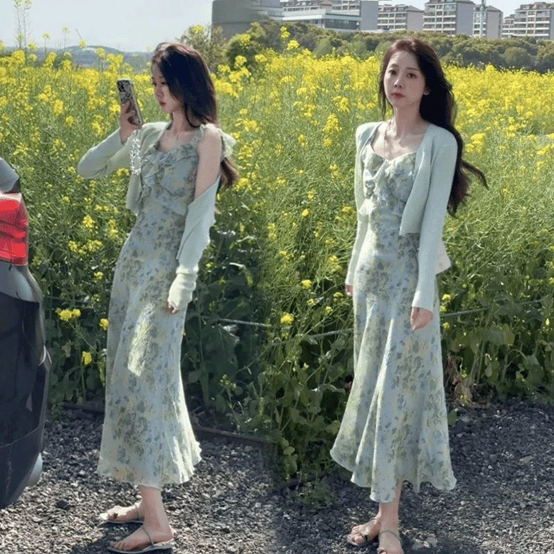 2025夏季女新款法式碎花袖小飞吊带两件套搭防晒开衫中气质连衣裙