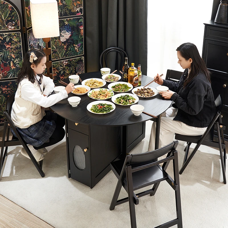 实木简约折叠椅子组合可变圆形饭桌可移动收纳吃饭桌子家用小户型