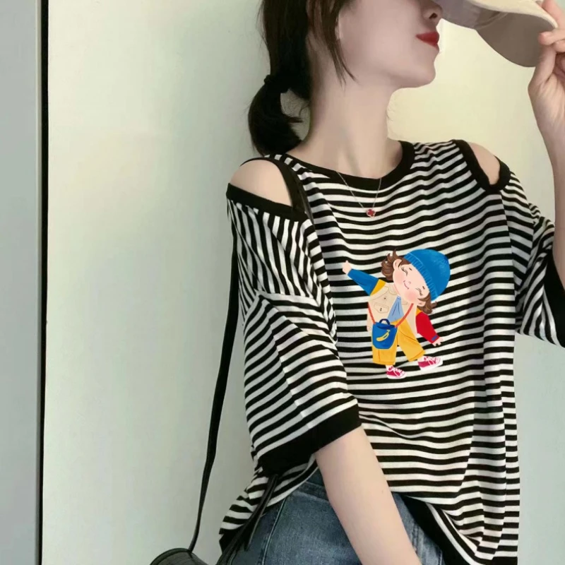 2025新款夏季条纹露肩纯棉短袖t恤女时尚休闲卡通减龄设计感上衣
