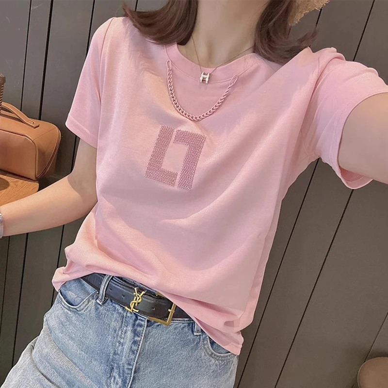 刺绣字母短袖T恤女2025夏装欧货爆款百搭粉色上衣正肩体恤链条