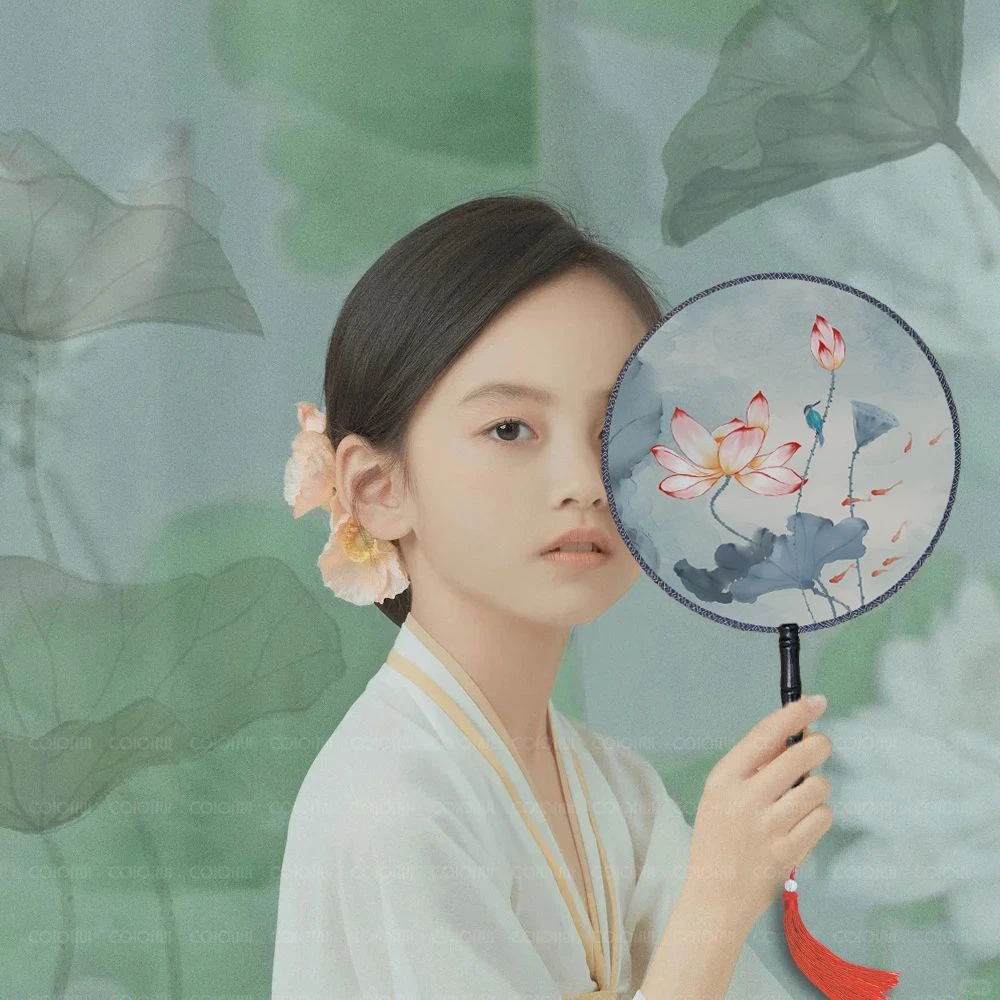 双面团扇夏季半透长柄扇儿童古装汉服旗袍古风古典舞蹈扇小圆扇